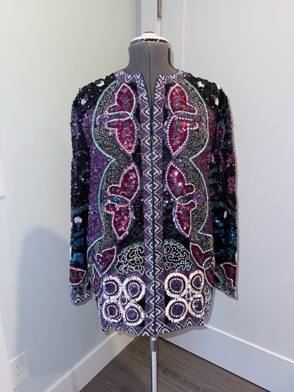 Black Tie Oleg Cassini Embellished Sequin Mosaic Jacket — Purple Black & Teal